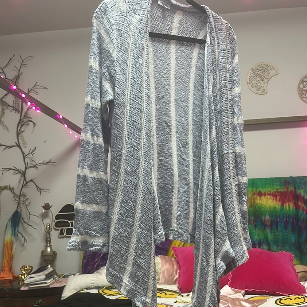 Striped Gray Open-Front Cardigan